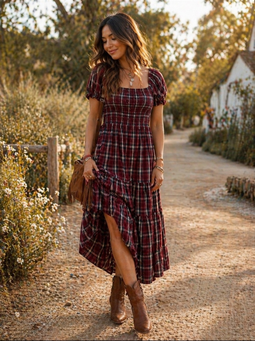 American Eagle Plaid Smocked Midi Dress Puff Sleeve XL Cottagecore